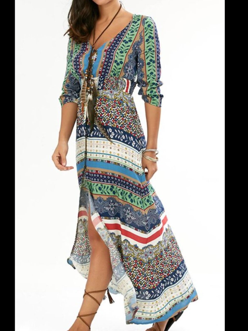 BOHO Dressit High Slit Empire Waist Button Down Flowy Beach Print Size Small